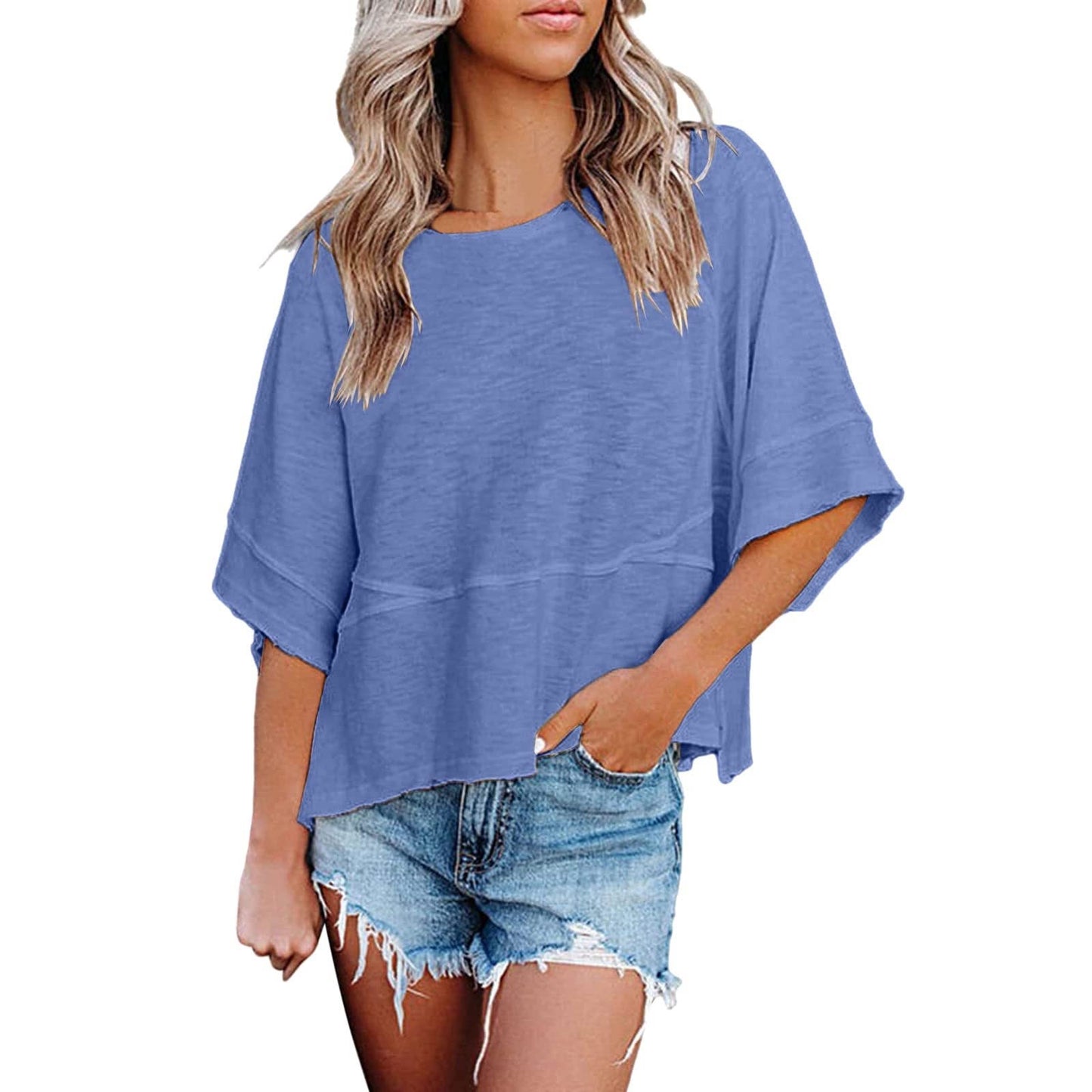 💃🌸Women's Solid Color Splicing Loose Five Points Flare Sleeve T-Shirt
