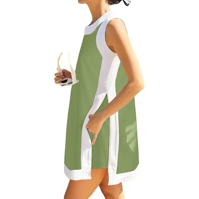 🎁Women's 2-Piece Sets Color Block Crewneck Sleeveless Top + Skirt & Shorts w/ Pockets