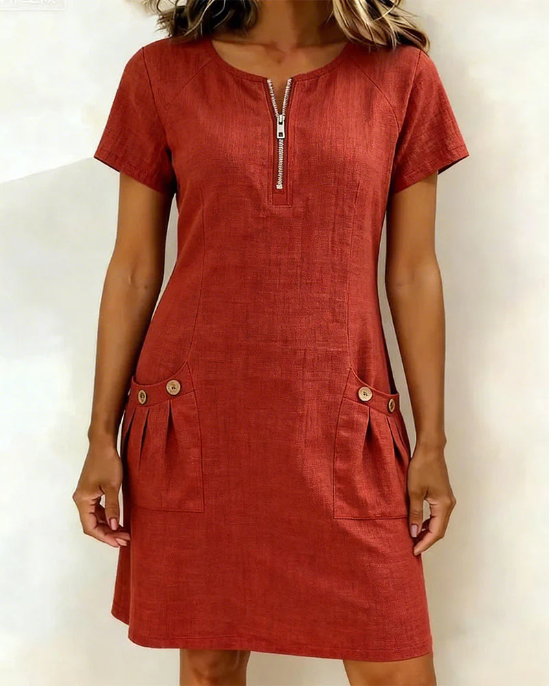 💃Women Summer Cotton-Linen Dress with Zipper Pockets