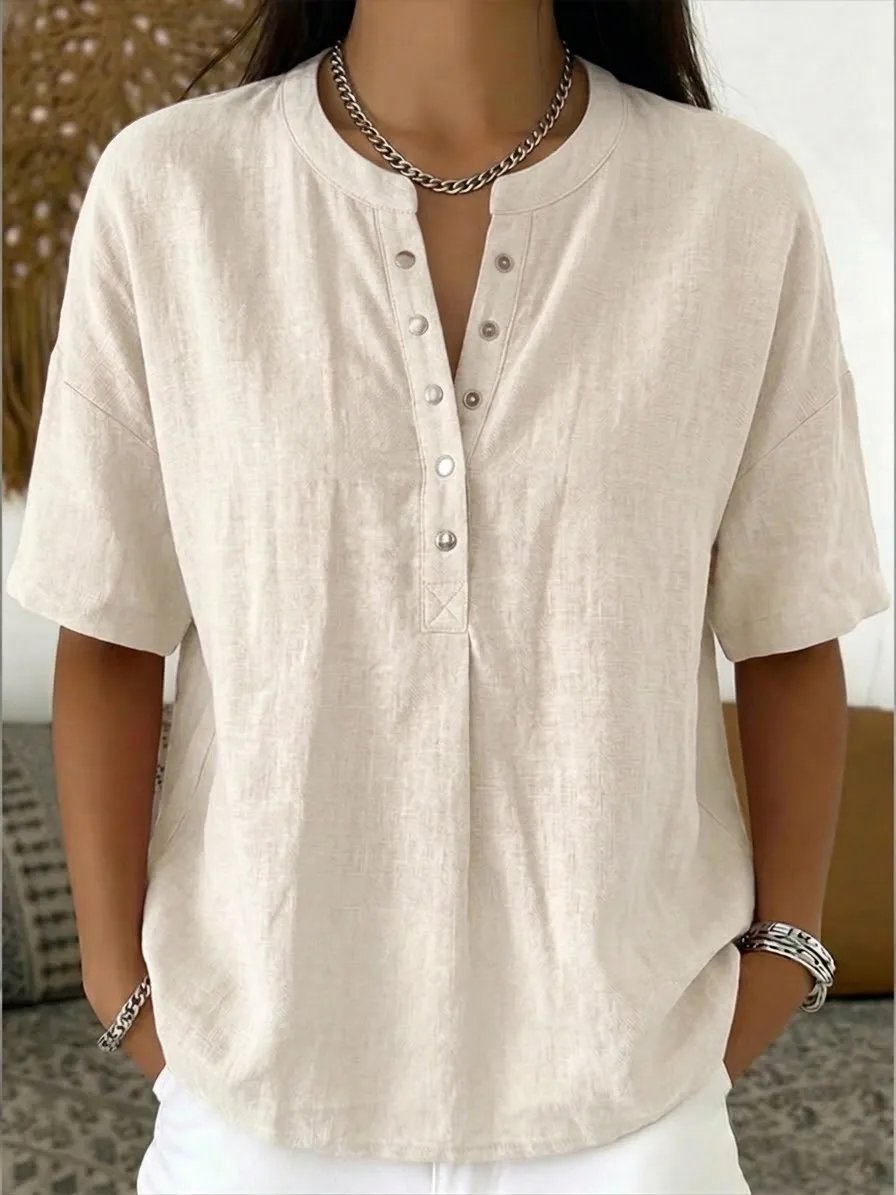 Women’s Casual Henley Collar Linen And Cotton Short-Sleeve Shirt