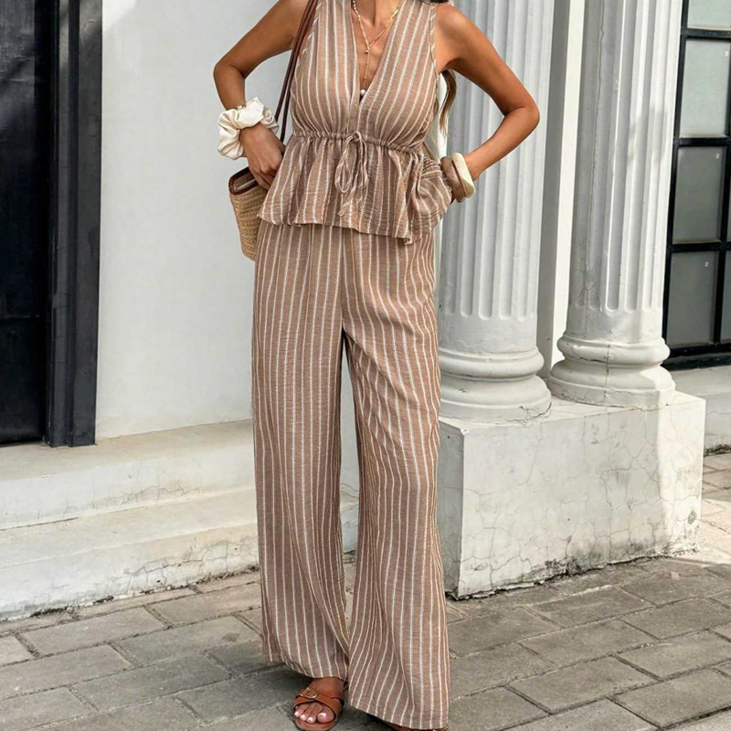 🏖️Limited Time Sale 50% OFF!🌞Women's 2-Piece Striped Tie-Waist Co-ord Set – Sleeveless Blouse & Wide-Leg Trousers 💫🌿  Vintage Boho Style • Casual Commuter Wear • Lightweight & Flowy💃