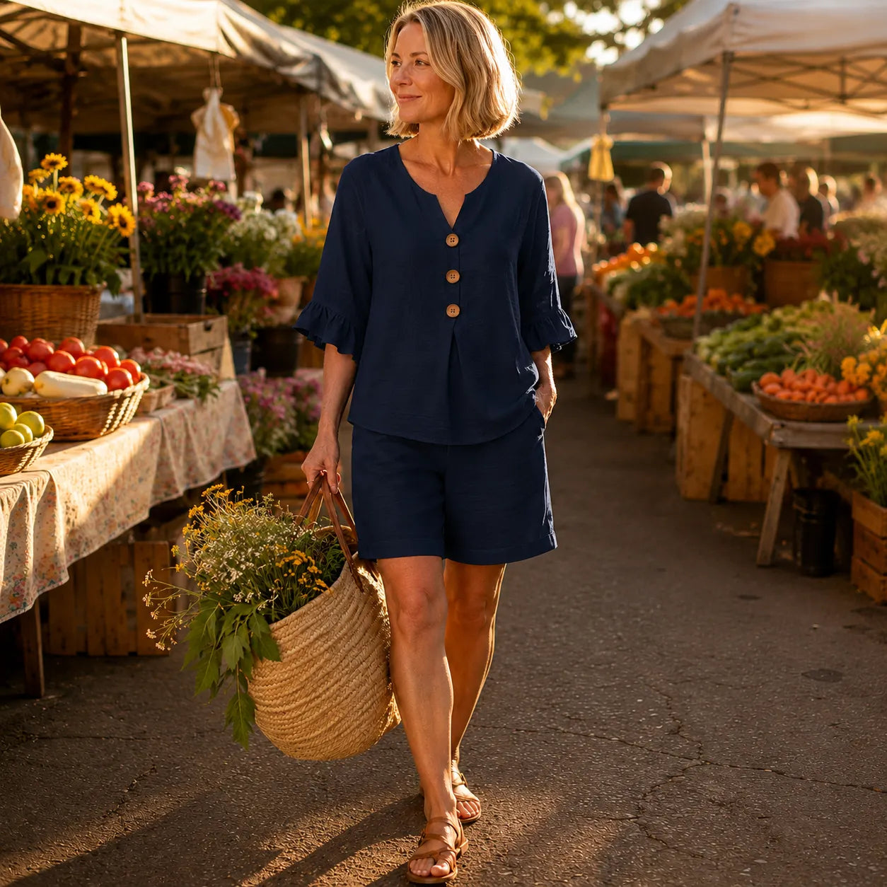 New Summer Two-Piece Set: Linen-Texture Top with Ruffle Sleeves