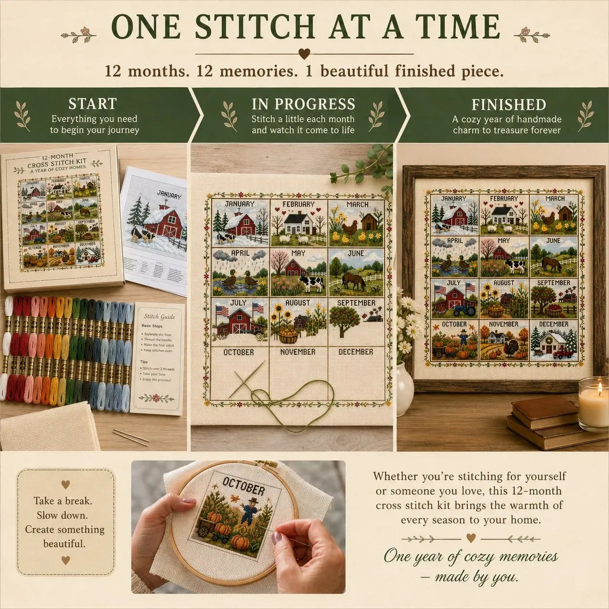 🧵 A Year in Stitches | 12-Month Seasonal Cross Stitch Kit 🌿