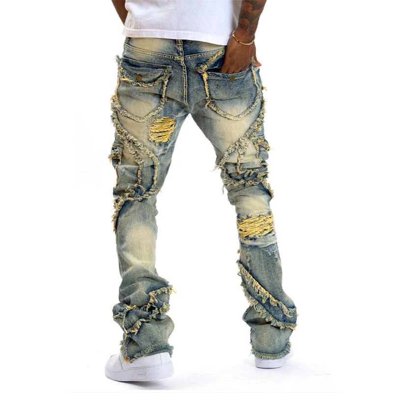 ✂️ Men's Deconstructed Frayed Flare Jeans – Vintage Wash & Stretch Cotton – Bold Streetwear 🛹