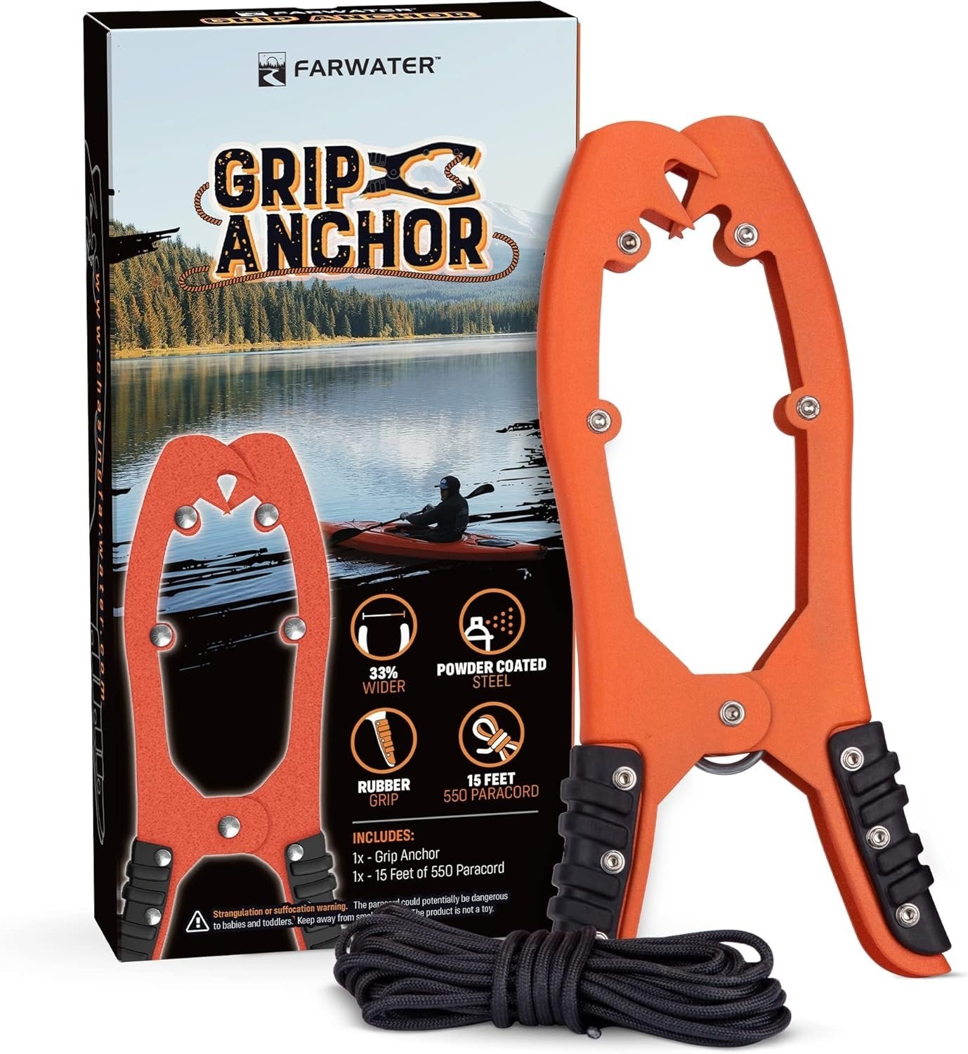 Canoe Anchor Grip - Boat, Float Tube & Kayak Fishing Accessories with 15ft Paracord