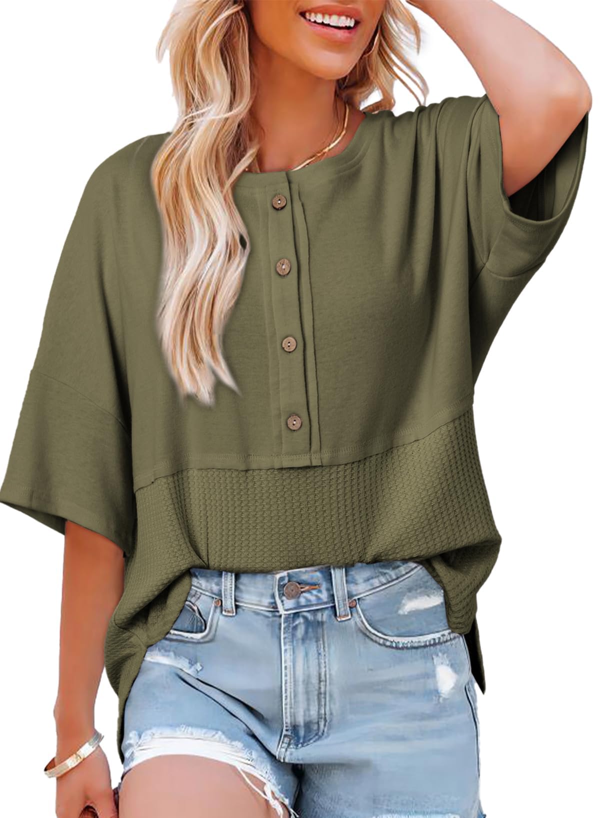 👚Women's 3/4 Sleeve Casual Button Down Waffle Knit Tops