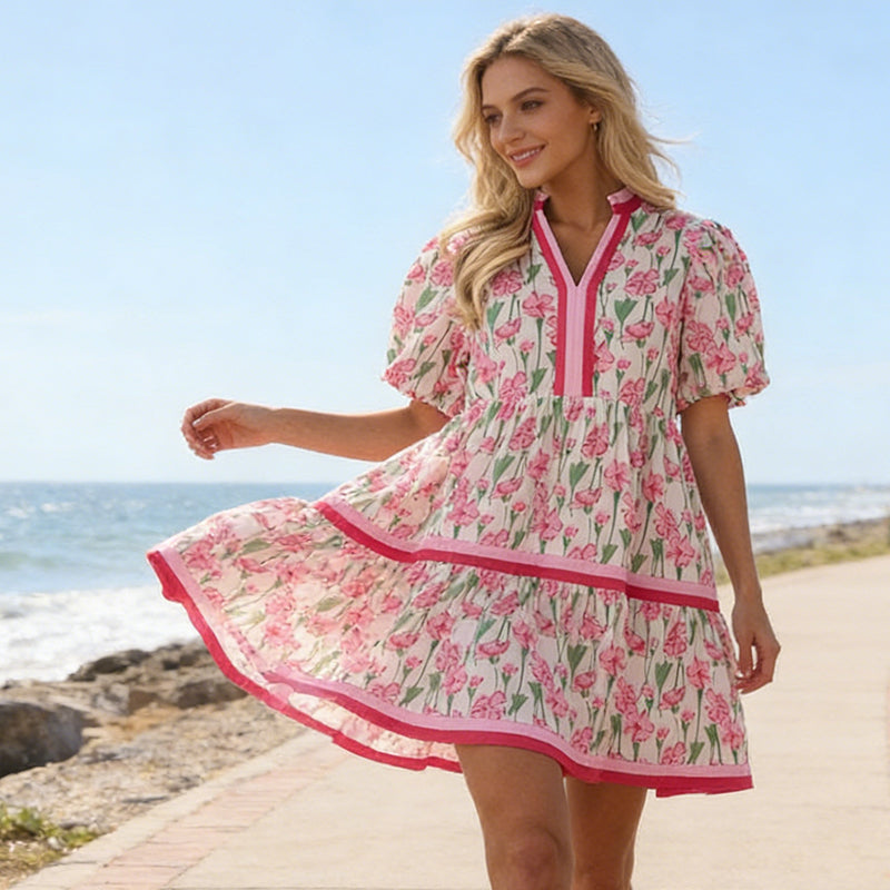 ⏰Summer Hot Sale 70% OFF💃Women's V Neck Floral Short Puff Sleeve Patchwork Casual Boho Mini Dress👍✨Soft Fabric & Comfortable Fit