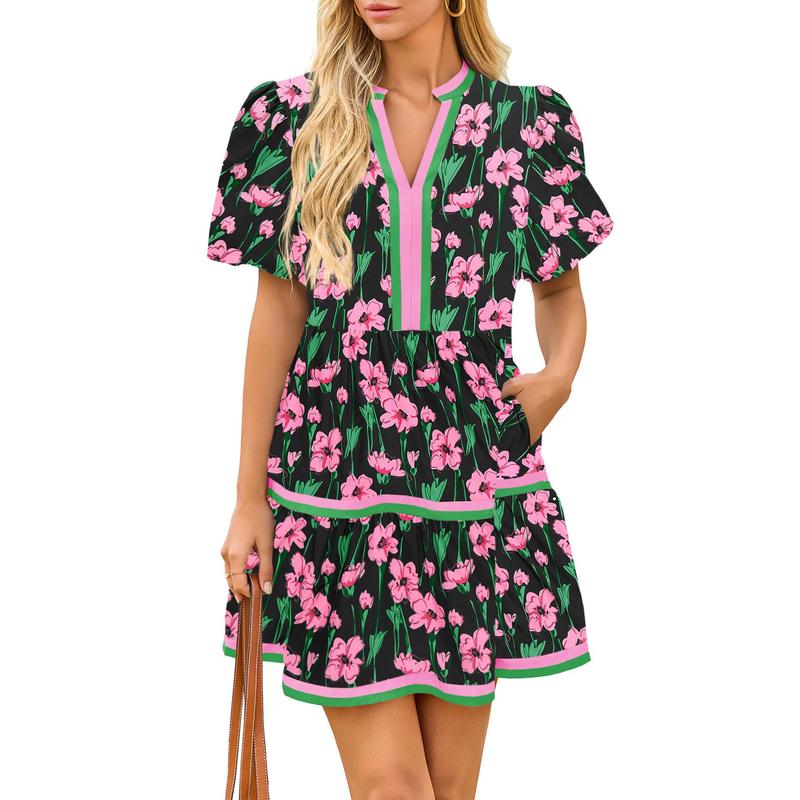 ⏰Summer Hot Sale 70% OFF💃Women's V Neck Floral Short Puff Sleeve Patchwork Casual Boho Mini Dress👍✨Soft Fabric & Comfortable Fit