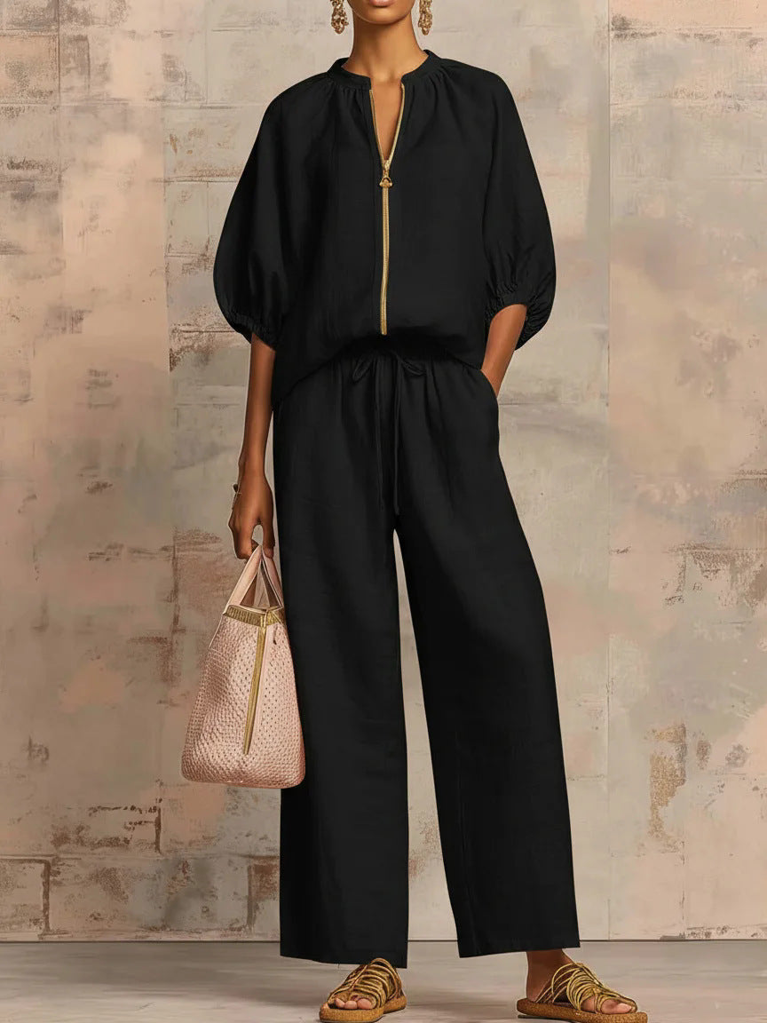 👚 40% OFF! 👖 Women's Solid Color 2-Piece Tracksuit – Puff Sleeve, Wide Leg, Zipper Detail ✨