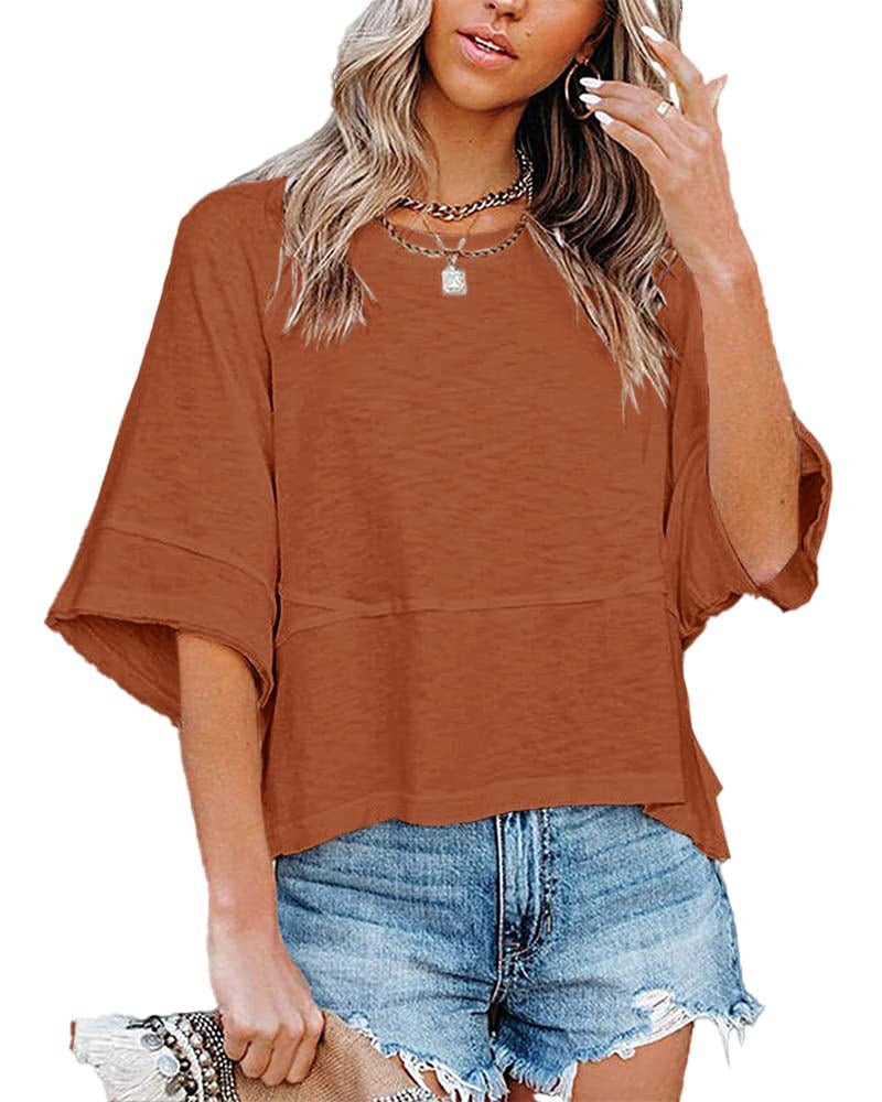 💃🌸Women's Solid Color Splicing Loose Five Points Flare Sleeve T-Shirt