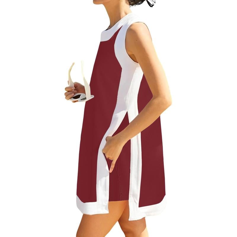 🎁Women's 2-Piece Sets Color Block Crewneck Sleeveless Top + Skirt & Shorts w/ Pockets