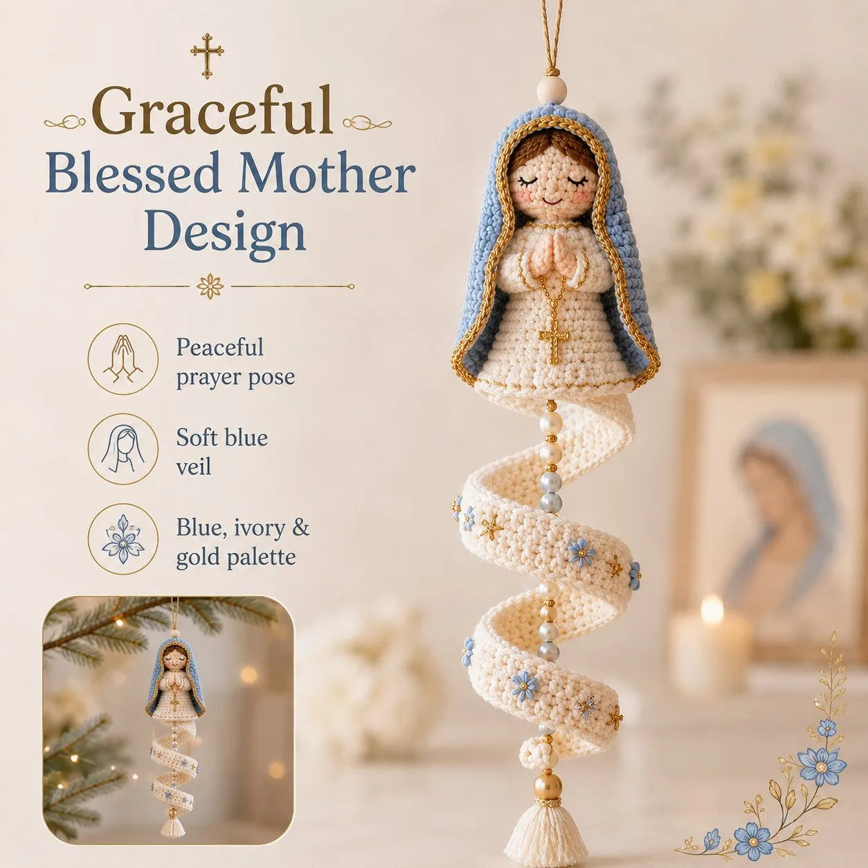 🩵Handcrafted Crochet Blessed Mother Spiral Hanging Ornament✝️