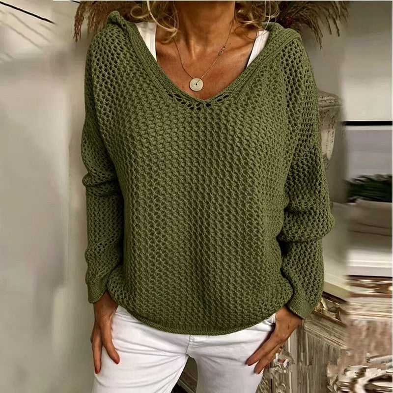 Loose-fit open-knit hooded sun-protection cardigan