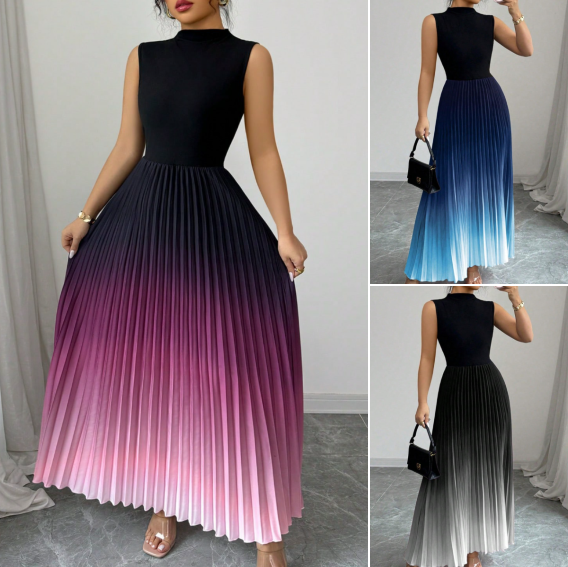 👗💜 Ombre Pleated Sleeveless Mock Neck Maxi Dress