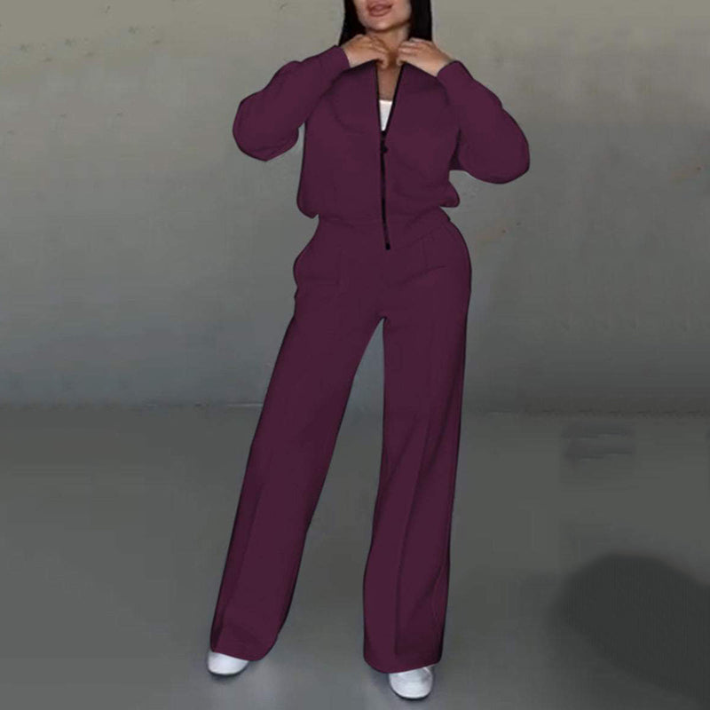 🔥Women's Two-Piece Relaxed Fit Set - Zippered Jacket and Wide-Leg Pants
