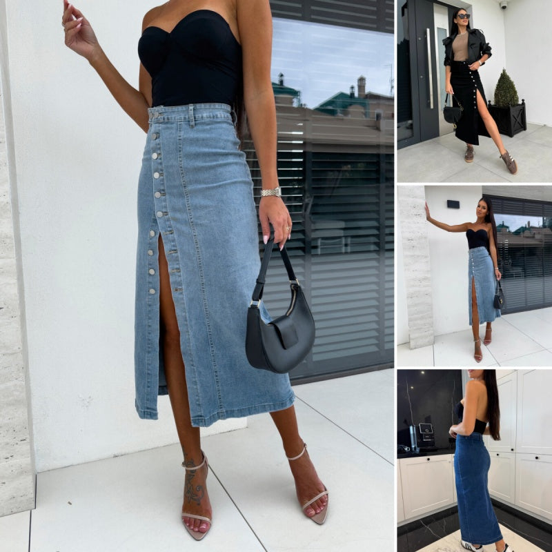 💕Stylish Button Closure Split Denim Bodycon Skirt