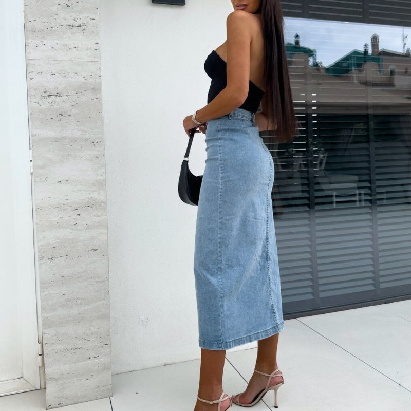💕Stylish Button Closure Split Denim Bodycon Skirt