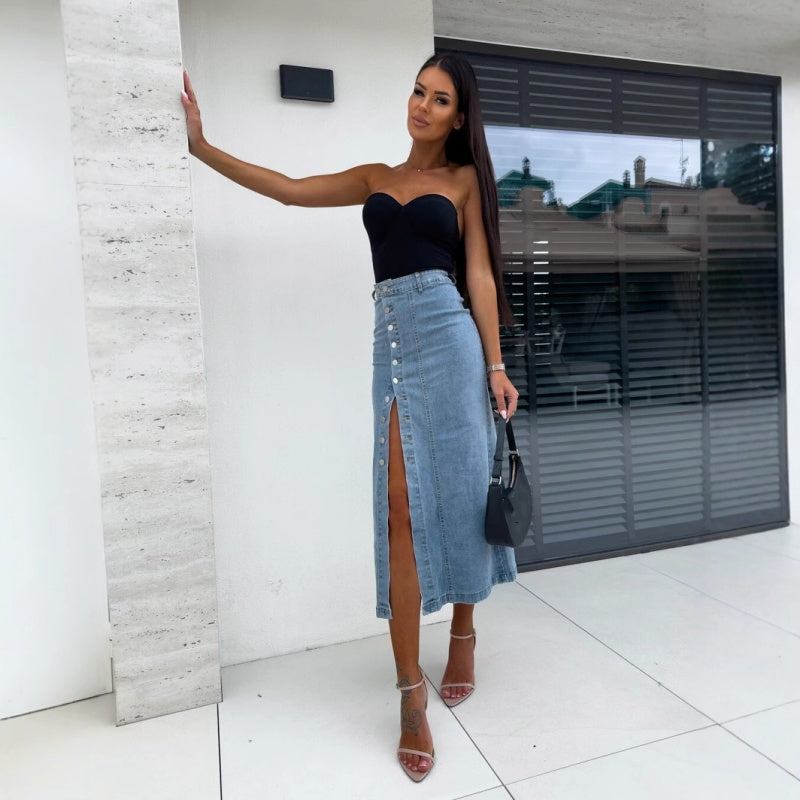 💕Stylish Button Closure Split Denim Bodycon Skirt