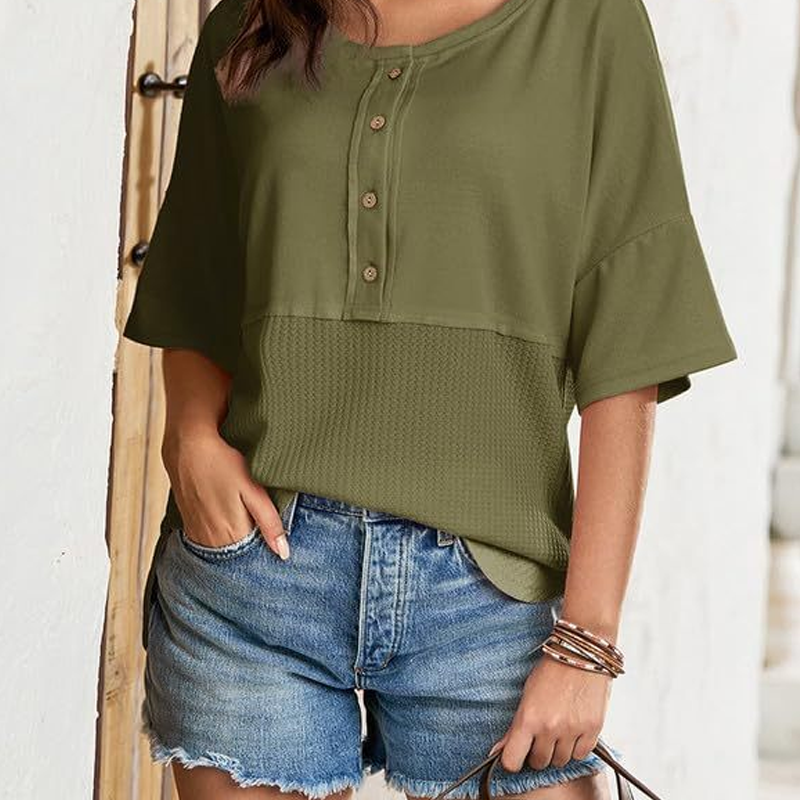 👚Women's 3/4 Sleeve Casual Button Down Waffle Knit Tops