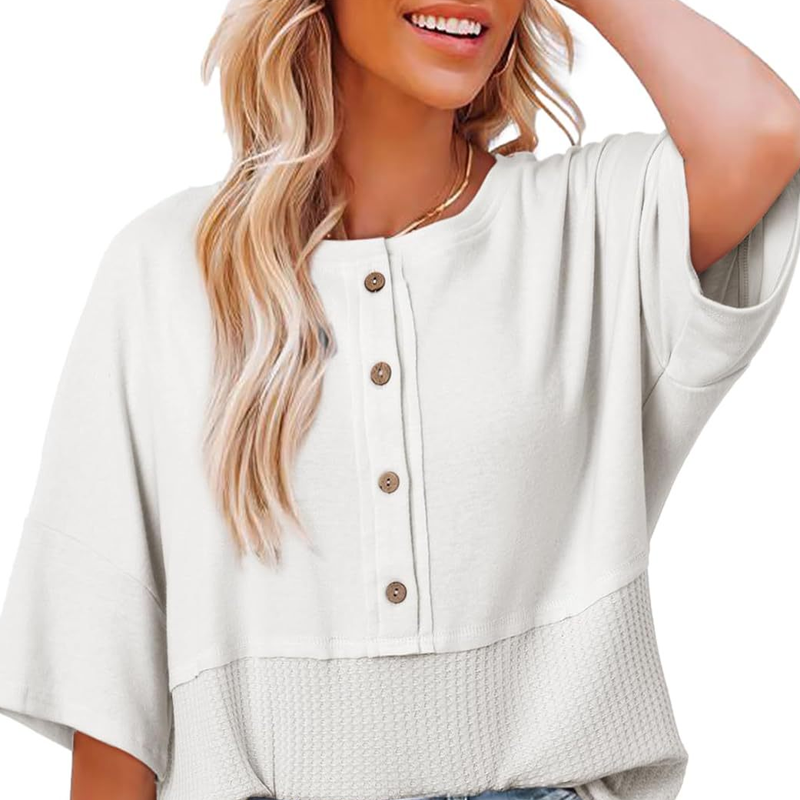 👚Women's 3/4 Sleeve Casual Button Down Waffle Knit Tops