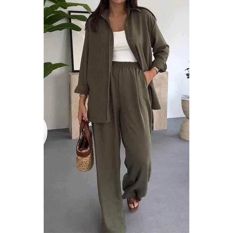 Womens Fashion Solid Color Loose Shirt Casual Wide Leg Pants Two Piece Set