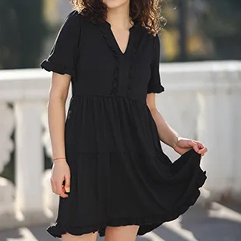 🌈Women's V Neck Ruffle Casual A-Line Flowy Swing Shift Dress