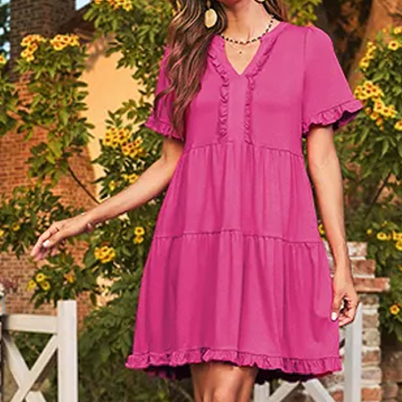 🌈Women's V Neck Ruffle Casual A-Line Flowy Swing Shift Dress