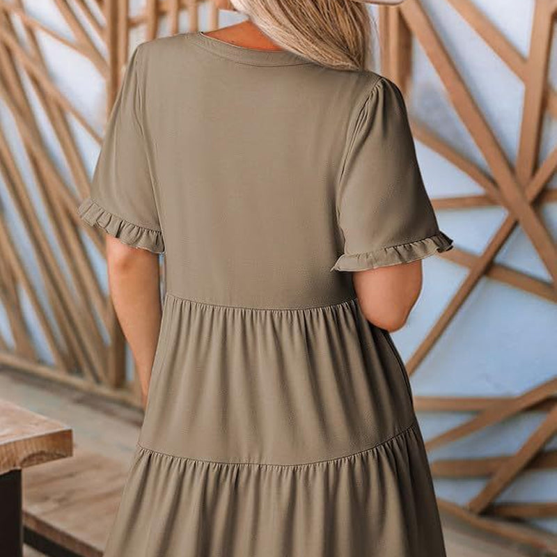 🌈Women's V Neck Ruffle Casual A-Line Flowy Swing Shift Dress