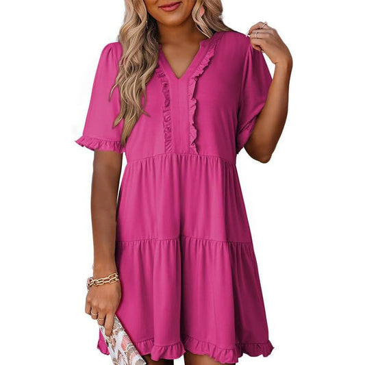🌈Women's V Neck Ruffle Casual A-Line Flowy Swing Shift Dress