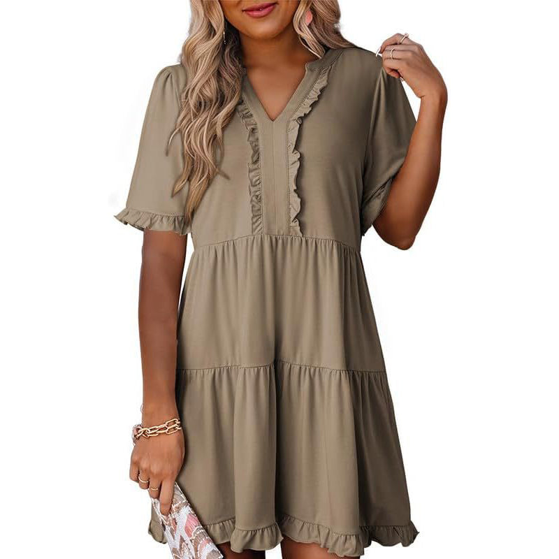 🌈Women's V Neck Ruffle Casual A-Line Flowy Swing Shift Dress