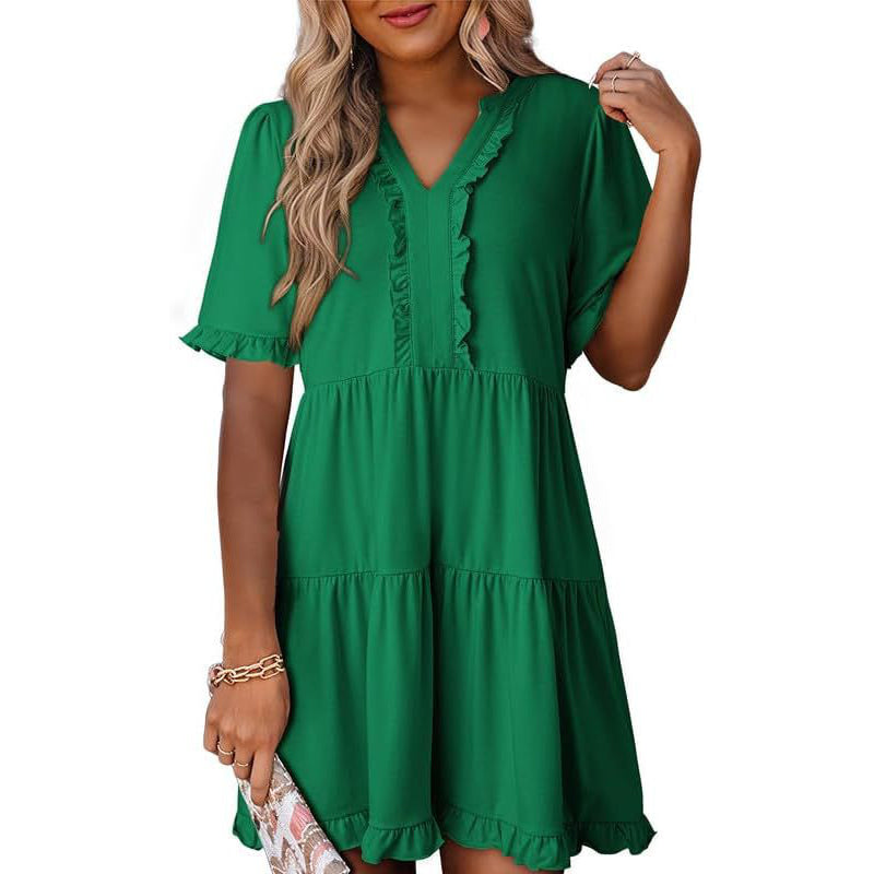 🌈Women's V Neck Ruffle Casual A-Line Flowy Swing Shift Dress