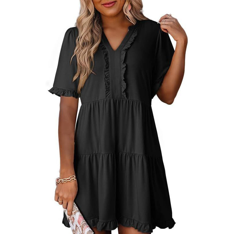 🌈Women's V Neck Ruffle Casual A-Line Flowy Swing Shift Dress