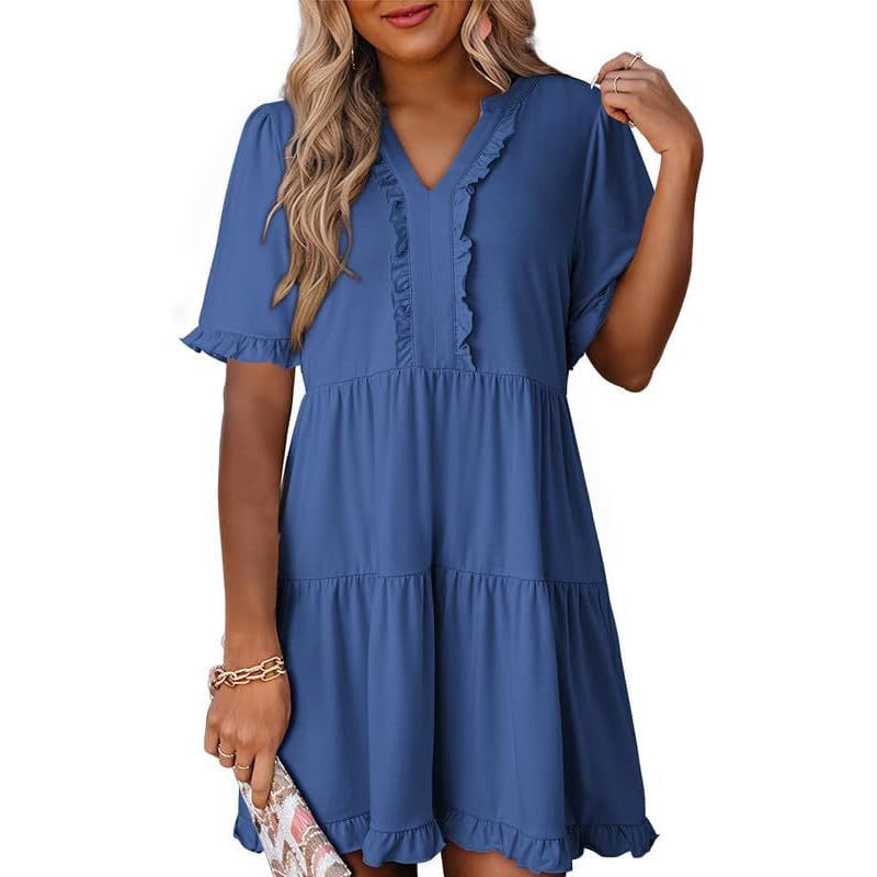 🌈Women's V Neck Ruffle Casual A-Line Flowy Swing Shift Dress