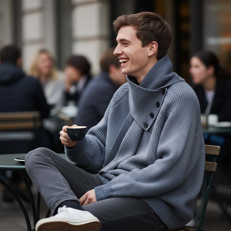 Men's Casual Ribbed Sweater with Detachable Scarf