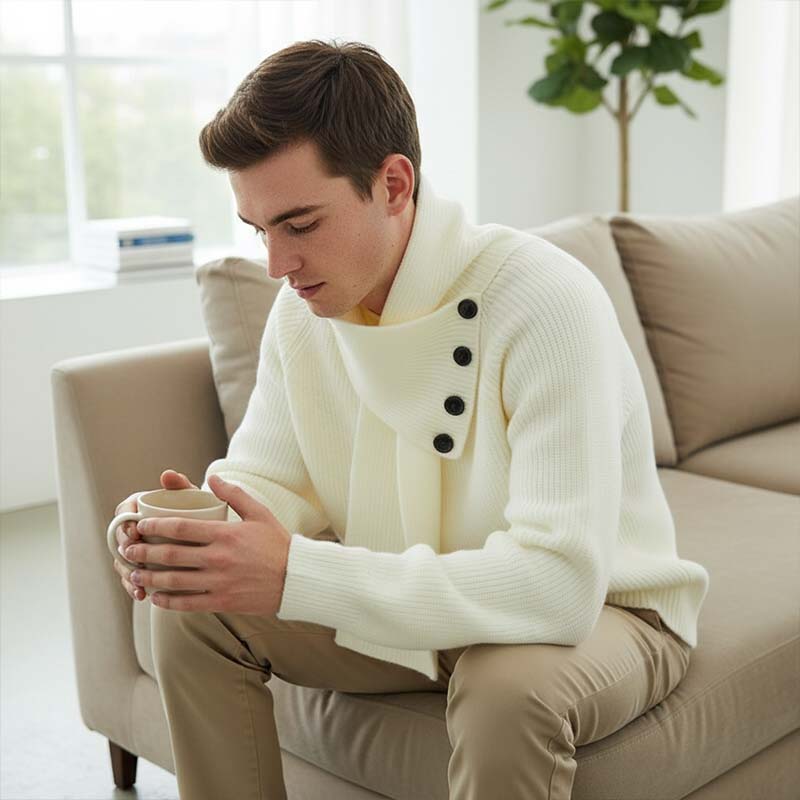 Men's Casual Ribbed Sweater with Detachable Scarf