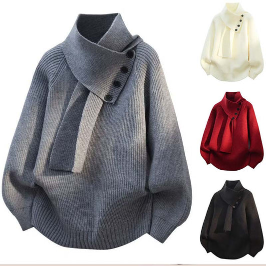 Men's Casual Ribbed Sweater with Detachable Scarf