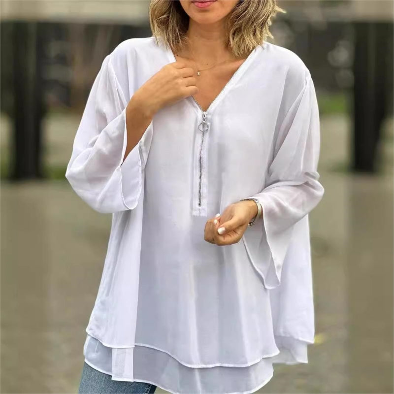 💖Double-Layer V-neck Zipper 3/4 Sleeves Soft Tops