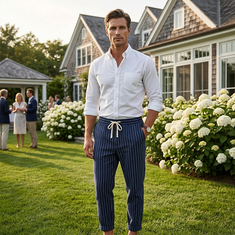 👖 60% OFF NOW! 🌿 Men's Linen Pants – Striped & Cropped – Elastic Waist & Drawstring – Breathable Summer Trousers 🏖️