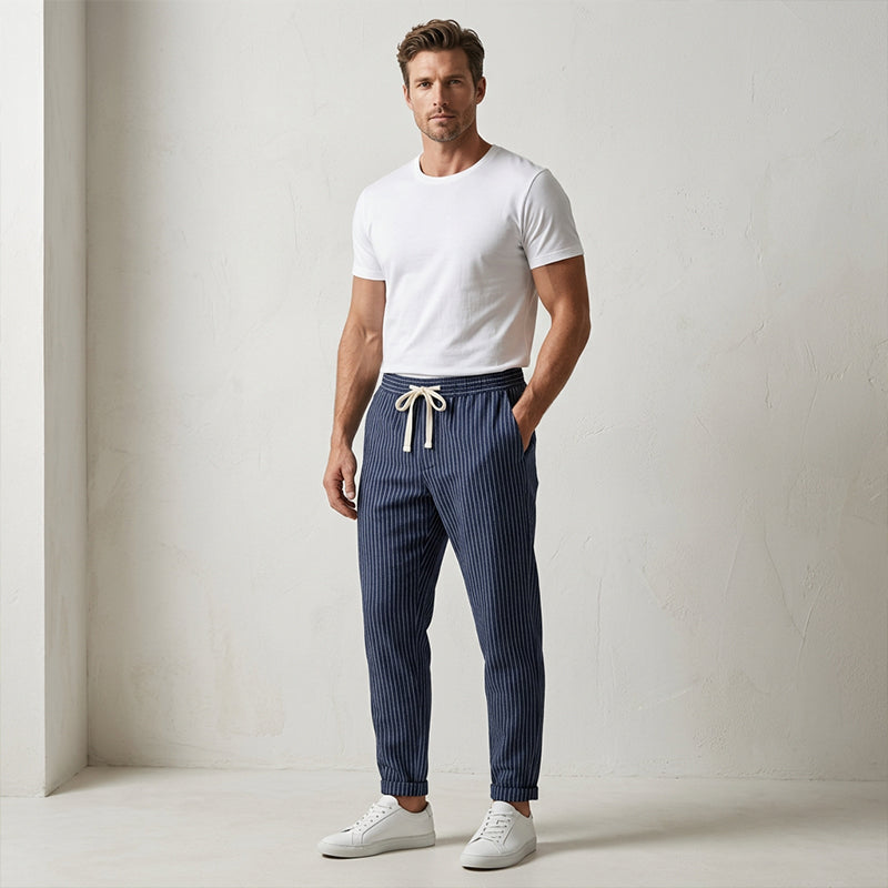 👖 60% OFF NOW! 🌿 Men's Linen Pants – Striped & Cropped – Elastic Waist & Drawstring – Breathable Summer Trousers 🏖️