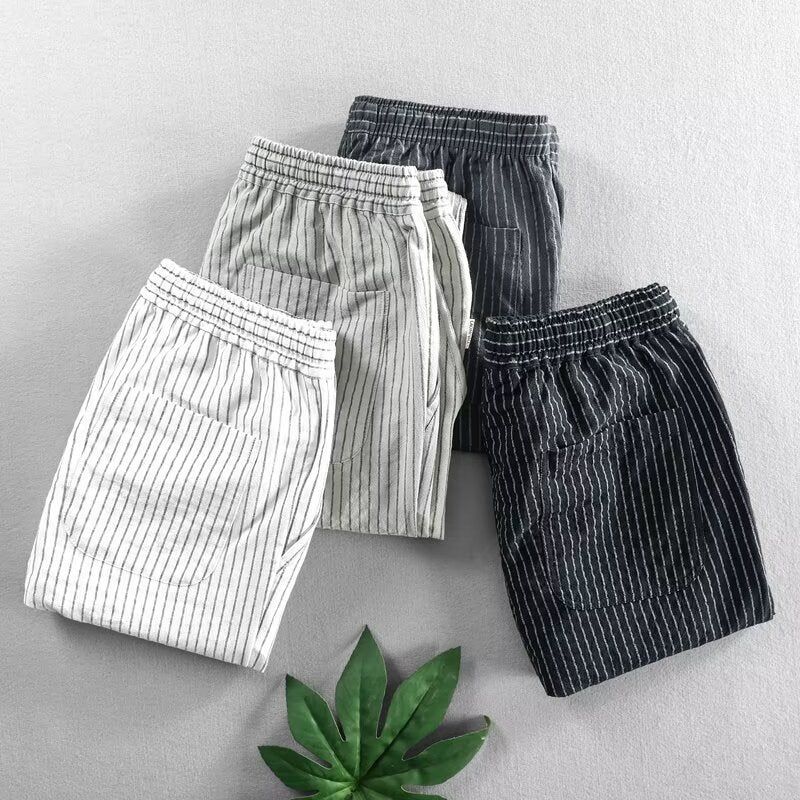 👖 60% OFF NOW! 🌿 Men's Linen Pants – Striped & Cropped – Elastic Waist & Drawstring – Breathable Summer Trousers 🏖️
