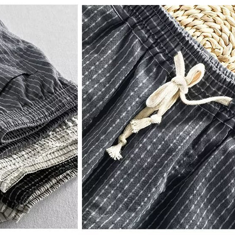 👖 60% OFF NOW! 🌿 Men's Linen Pants – Striped & Cropped – Elastic Waist & Drawstring – Breathable Summer Trousers 🏖️