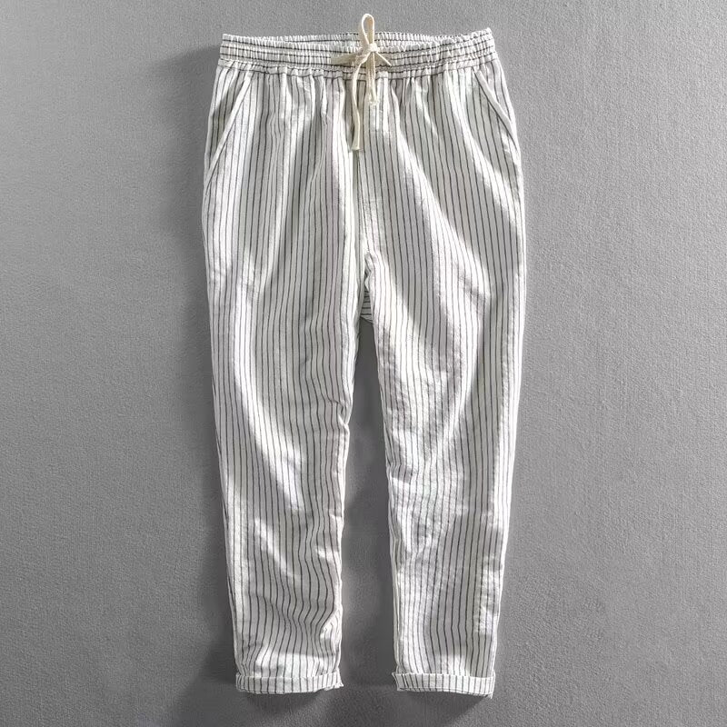 👖 60% OFF NOW! 🌿 Men's Linen Pants – Striped & Cropped – Elastic Waist & Drawstring – Breathable Summer Trousers 🏖️