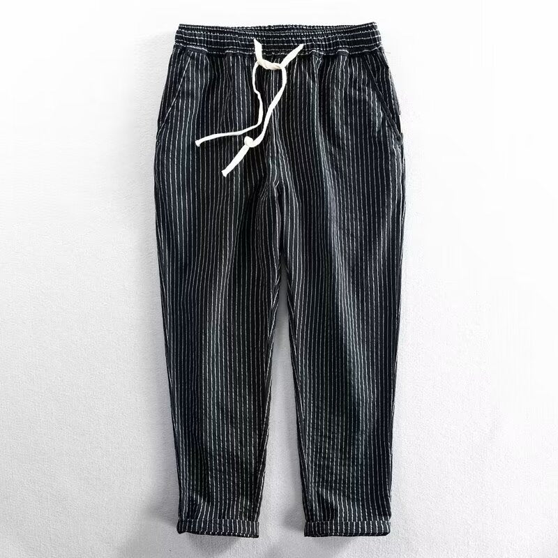 👖 60% OFF NOW! 🌿 Men's Linen Pants – Striped & Cropped – Elastic Waist & Drawstring – Breathable Summer Trousers 🏖️