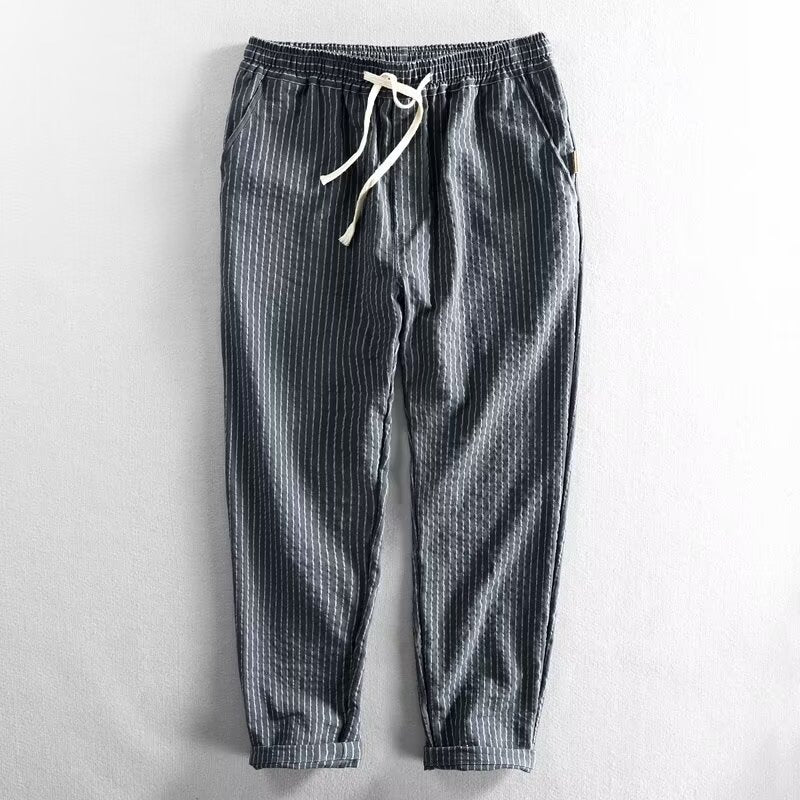 👖 60% OFF NOW! 🌿 Men's Linen Pants – Striped & Cropped – Elastic Waist & Drawstring – Breathable Summer Trousers 🏖️