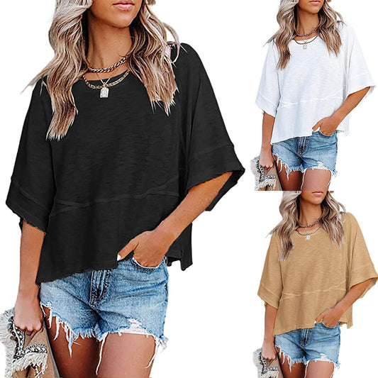 💃🌸Women's Solid Color Splicing Loose Five Points Flare Sleeve T-Shirt