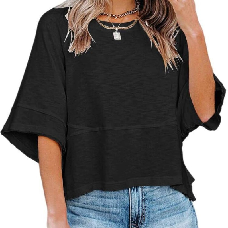 💃🌸Women's Solid Color Splicing Loose Five Points Flare Sleeve T-Shirt
