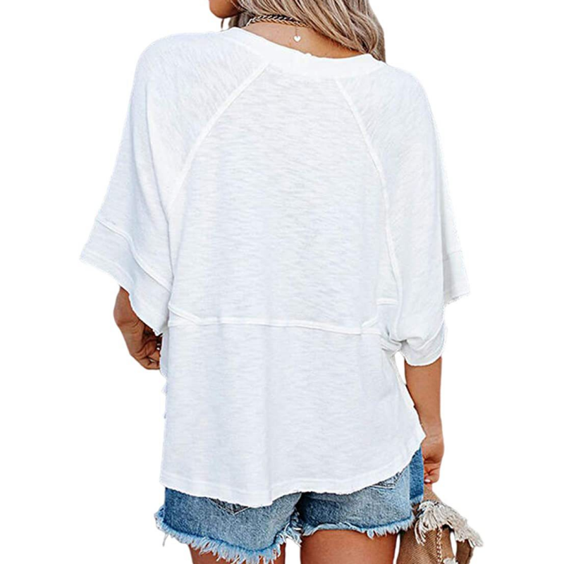💃🌸Women's Solid Color Splicing Loose Five Points Flare Sleeve T-Shirt