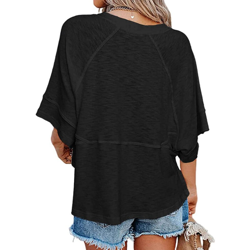 💃🌸Women's Solid Color Splicing Loose Five Points Flare Sleeve T-Shirt