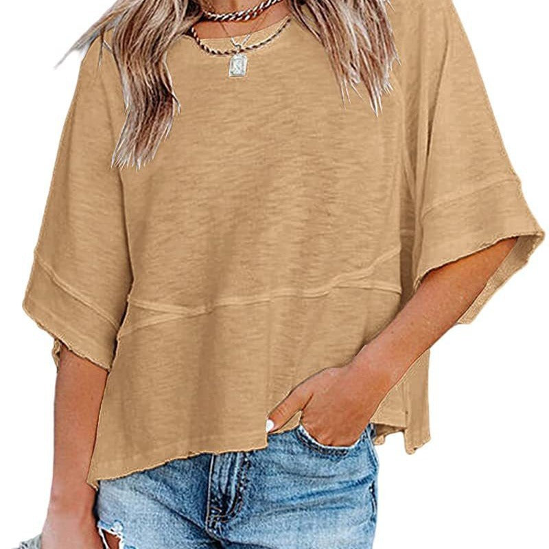 💃🌸Women's Solid Color Splicing Loose Five Points Flare Sleeve T-Shirt