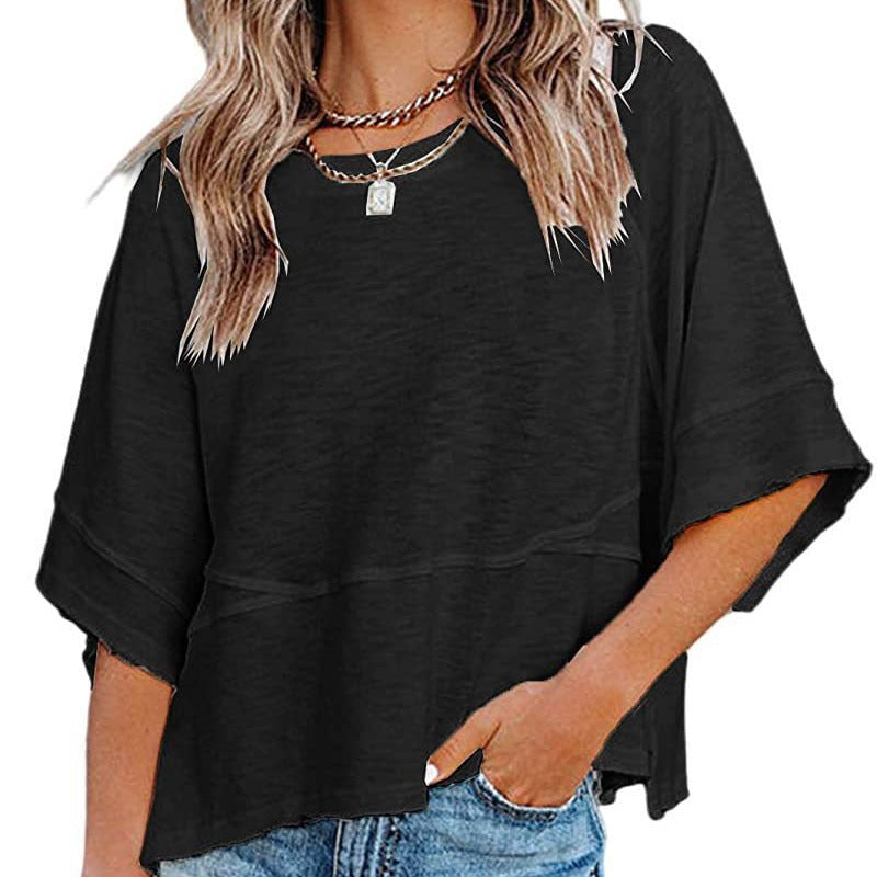 💃🌸Women's Solid Color Splicing Loose Five Points Flare Sleeve T-Shirt